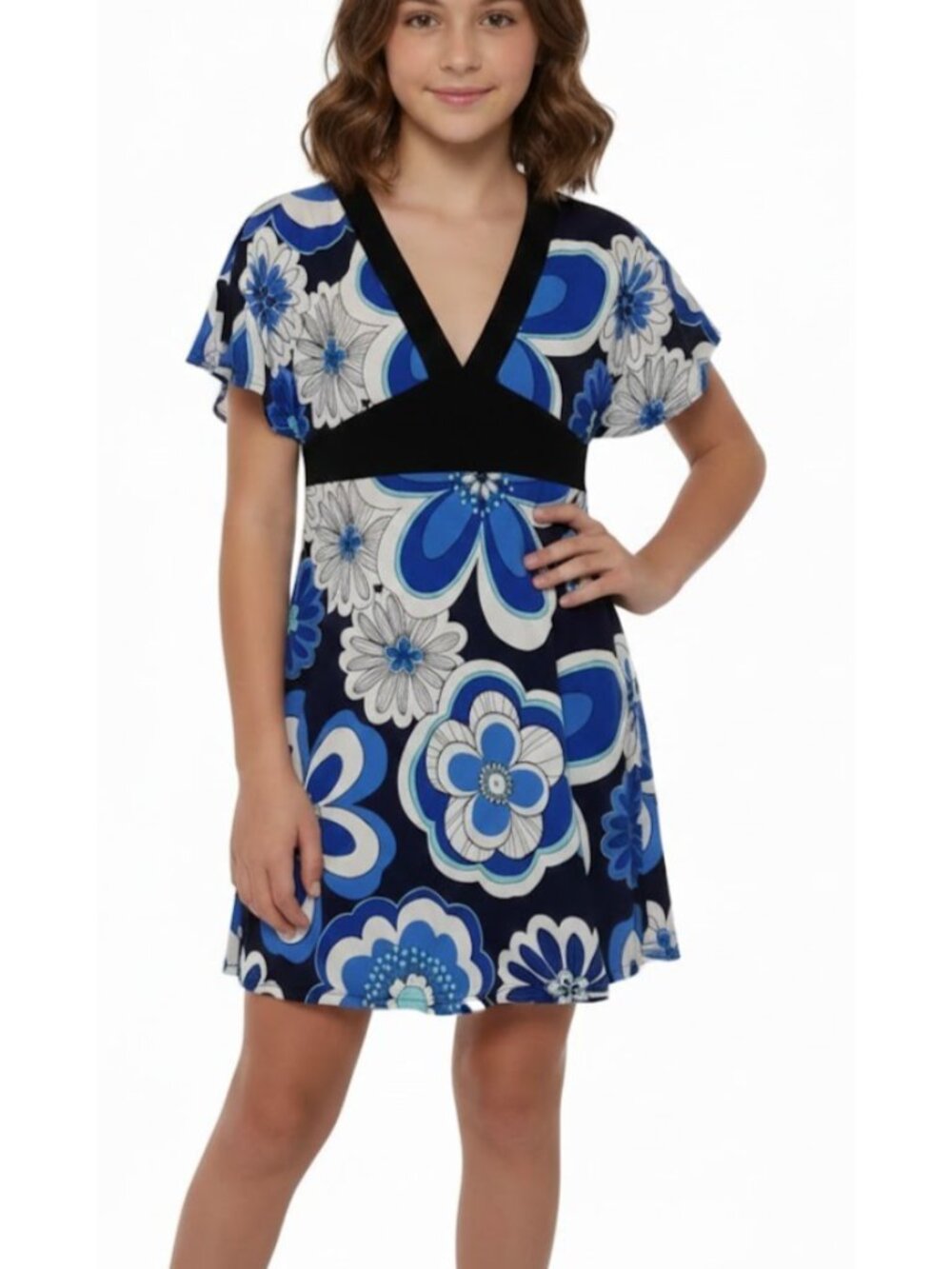 Un Deux Trois Girls XL Blue Floral Empire Waist Dress Y2K Retro Mod Made in USA